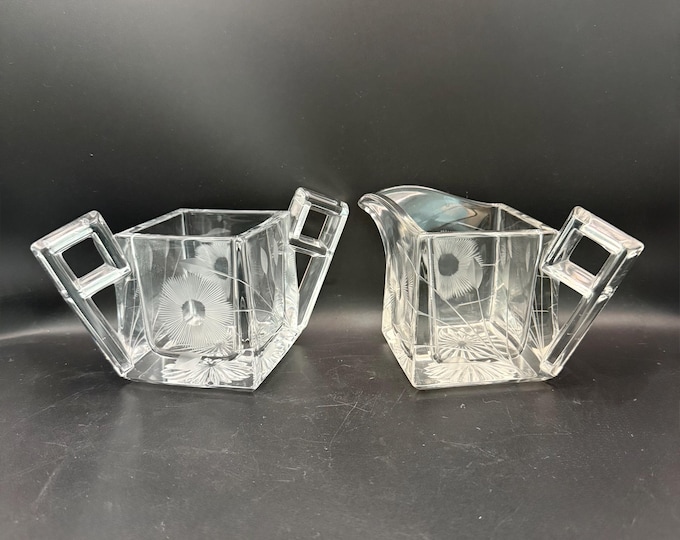 Vintage Heisey Style Creamer and Sugar Set | Art Deco Etched Glass