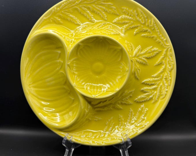 Vintage Portuguese Yellow Majolica Relish Dish | 10" Divided Serving Platter | Crackle Glaze Fern & Flower Pattern | Made in Portugal