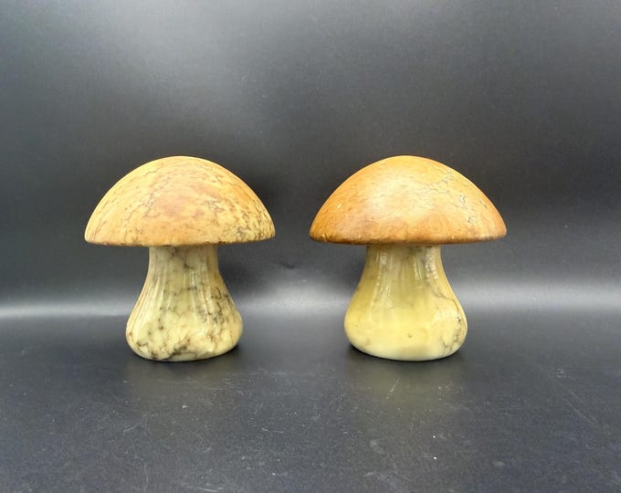 Vintage Italian Alabaster Mushroom Decor • Hand Carved Stone Sculpture Pair