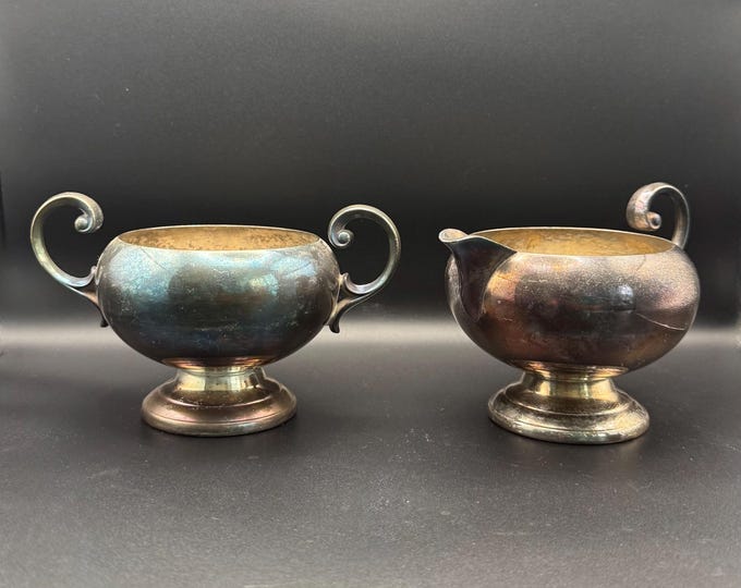 Vintage Bristol by Poole Silverplate Creamer & Sugar Set | Footed Scroll Handle Silver Set | Mid-Century Tea Service with Patina