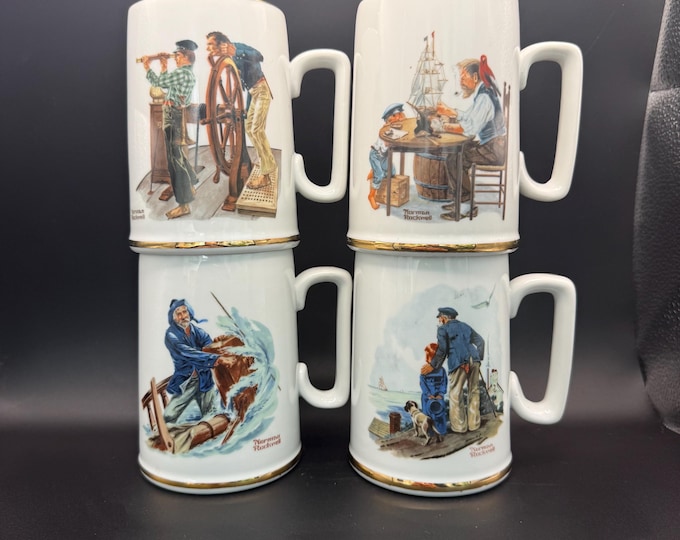 Vintage Norman Rockwell Nautical Mug Set of 4 - Heritage Collection - Gold Trimmed Seafaring Illustrations - Mid-Century Americana Decor