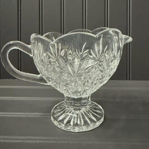 Vintage Cut Glass Gravy Boat – Pedestal Sauce Server with Leaf & Diamond Patter