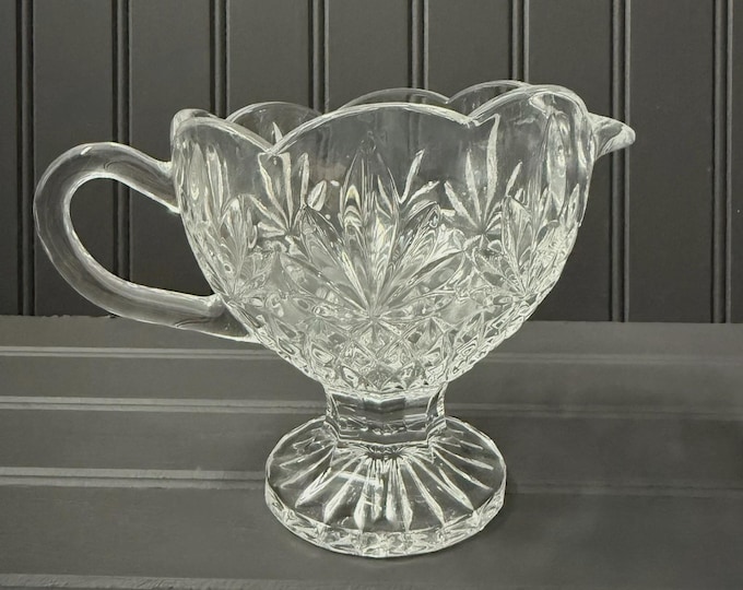 Vintage Cut Glass Gravy Boat – Pedestal Sauce Server with Leaf & Diamond Patter