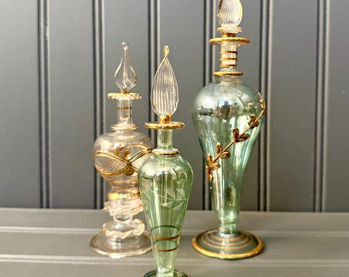 Set of 3 Vintage Egyptian Perfume Bottles – Hand-Blown Glass with Gilded Detail & Stoppers