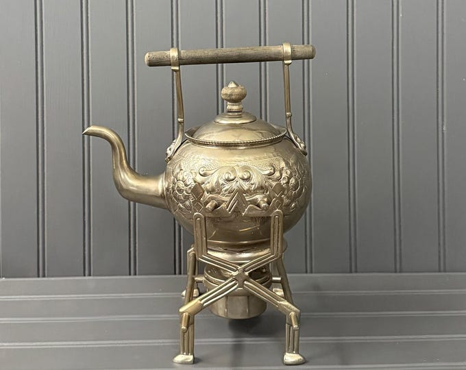 Antique Brass Spirit Kettle with Stand & Burner | Ornate Floral Design | Wood Handle | Vintage Teapot | English Aesthetic Revival c.1890s