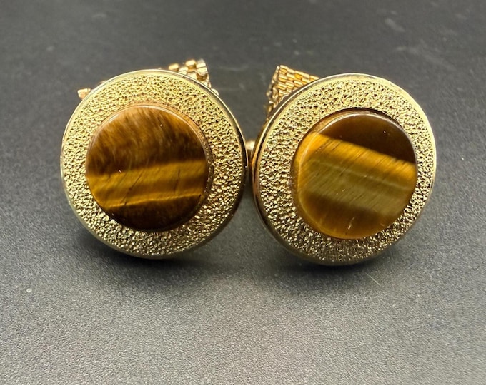 Vintage Tiger’s Eye Cuff Links – Gold Tone Mesh Wrap, Retro Men’s Jewelry