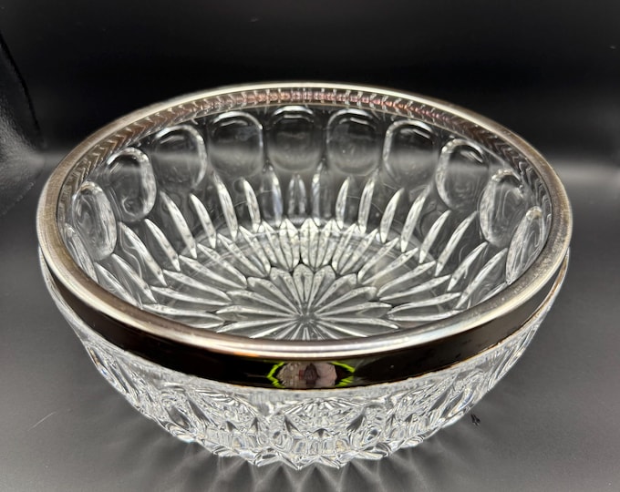 Vintage Pressed Glass Serving Bowl with Silverplate Rim - Heavy Cut Glass