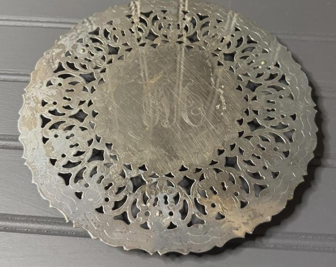 Vintage W.A. Italy Silverplate Trivet – Ornate Pierced Design with Monogram
