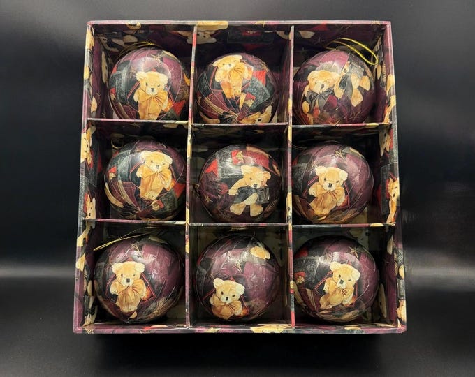 Vintage Teddy Bear Christmas Ornaments Set of 12 • Burgundy Gold Holiday Decor