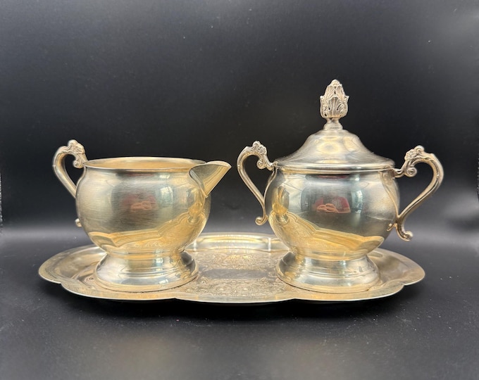 Vintage Gorham Silverplate Cream and Sugar Set with Tray – Mid Century Tea Service Silver Plated Set