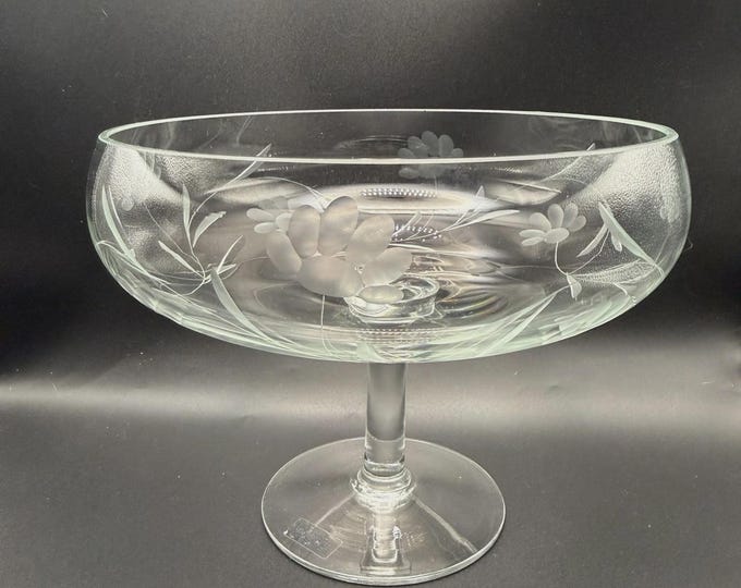 Toscany Hand Blown Etched Glass Compote Bowl – Floral Pattern – 6” Tall,Vtg.