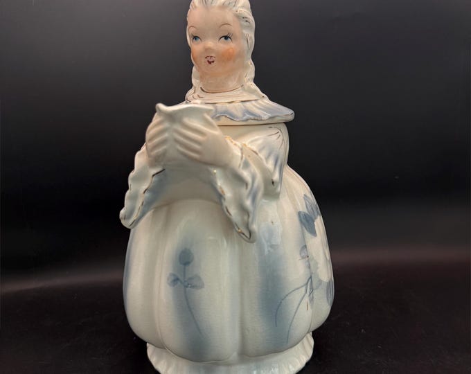 Lipper & Mann Colonial Lady Teapot | Vintage Blue Floral Figural Teapot Japan | Victorian Musical Pitcher | Shabby Cottage Decor 1950s