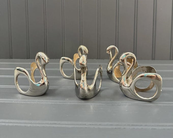 Vintage Swan Napkin Rings – Set of 5 Silver Tone Metal – Elegant Table Decor – Mid Century Modern Minimalist Style