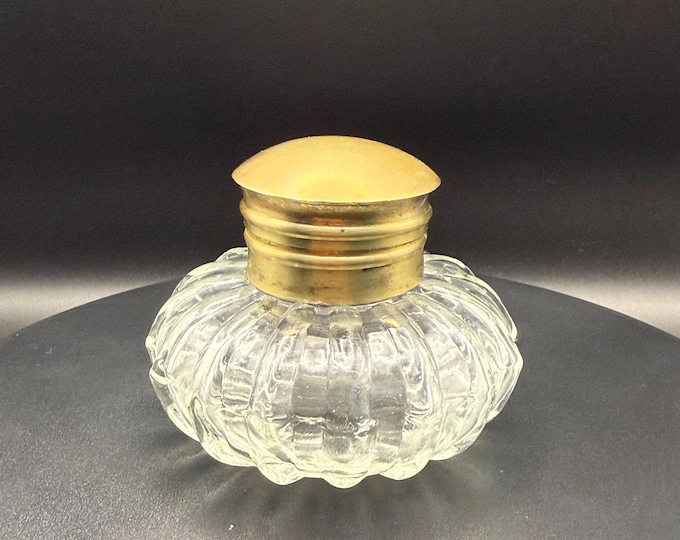 Vintage Glass & Brass Inkwell – Ribbed Pressed Glass with Hinged Lid – Circa 1900s–1930s