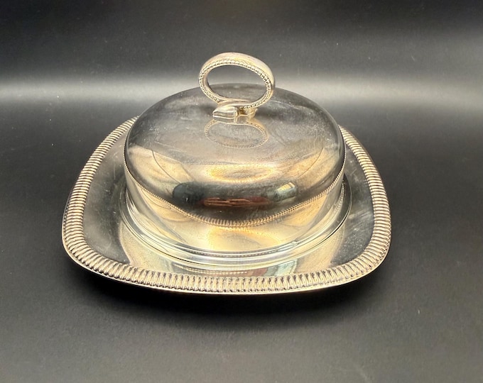 Vintage Gorham Silverplate Covered Condiment Dish with Glass Insert & Square Rope Edge Tray – Mid Century Serveware