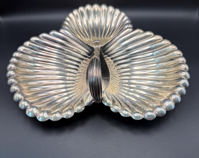 Vintage Gorham Newport Silverplate Triple Shell Serving Dish with Handle | Mid Century Entertaining Tableware | Holiday Candy Nut Bowl