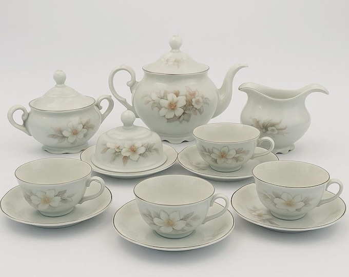 Schmidt Porcelain White Magnolia Tea Set 12 Pc Teapot Creamer Cups Saucers