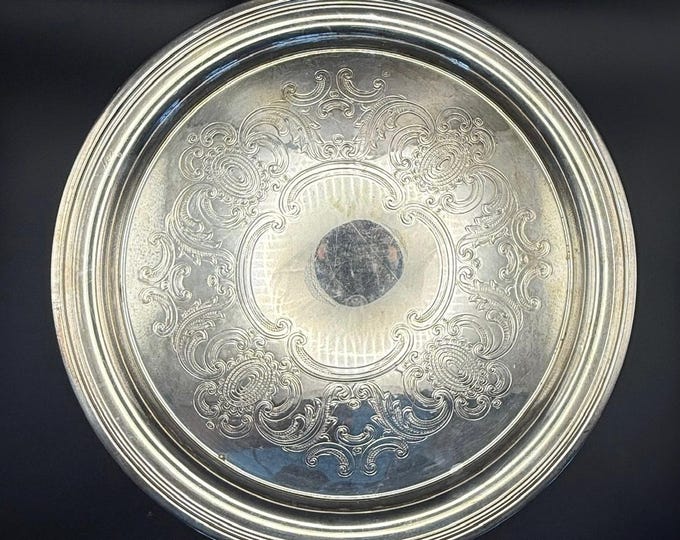 Vintage Sheridan Silverplate Tray | 12” Round Engraved Serving Platter | Taunton Silversmiths | Ornate Scroll Design