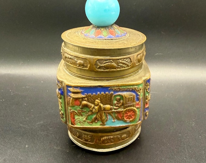 Vintage Chinese Cloisonné Brass Jar with Lid – Dragon Motif & Turquoise colored Finial –