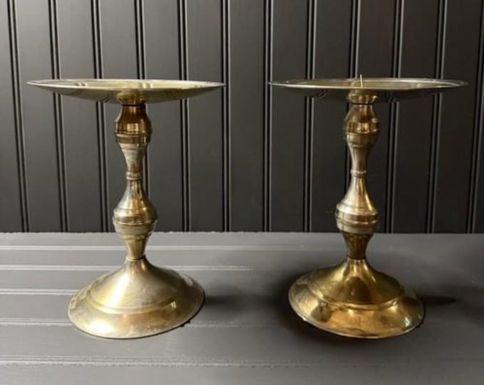 Vintage Brass Altar-Style Candle Holders – Pair with Spiked Centers – Mid Century Patina – Gothic Revival Decor