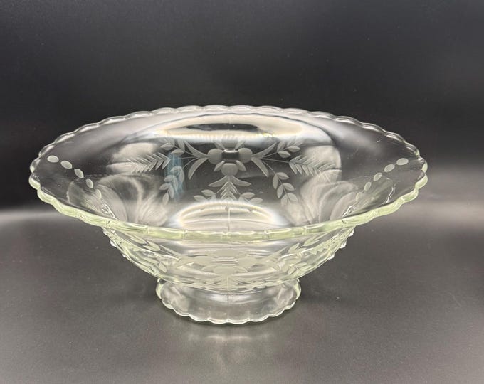 Vintage Etched Glass Footed Bowl – Floral Cut Pressed Glass Centerpiece Dish – 10”