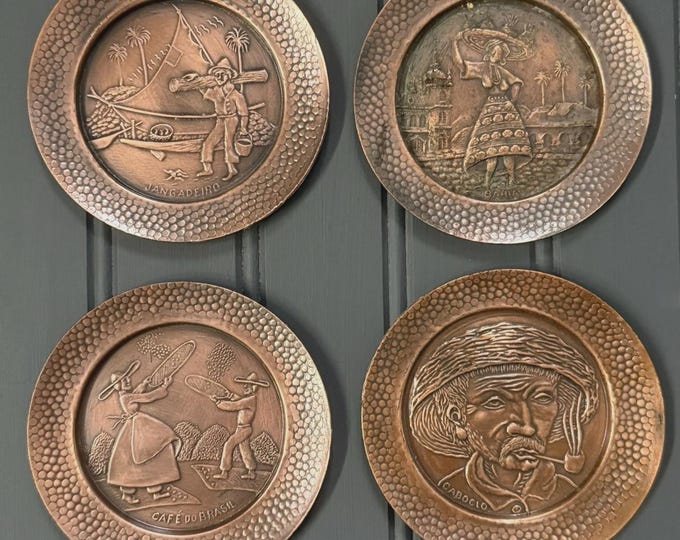 Vintage Embossed Copper Coasters – Set of 4 Made in Brazil Folk Art Scenes