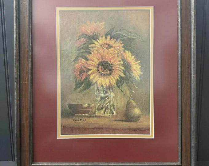 Framed Jana Clark Sunflower Print – Vintage Still Life Wall Art with Pear & Bowl