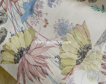 silk fabric, digital print, flowers print with solid color double borders along selvages, silk linen blend fabric, half yard by 55" wide