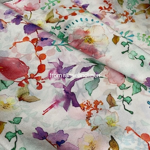 Silk fabric, digital print, water color flowers and leaves print, silk crepe de chine fabric, half yard by 55&quot; wide