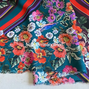 Silk fabric, flowers and colorful stripes print, silk crepe, silk cotton blend fabric, half yard by 54&quot; wide