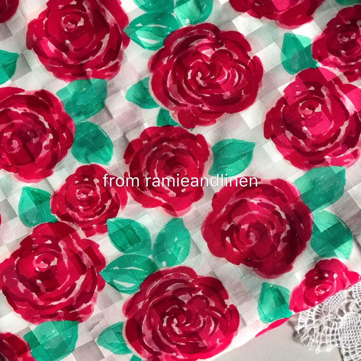 Silk Fabric Roses Print Check Jacquard Weaved Silk Cotton Etsy