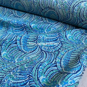 LIBERTY cotton fabric, Tana Lawn, Turquoise blue paisley print fine silky cotton fabric, half yard by 54&quot; wide