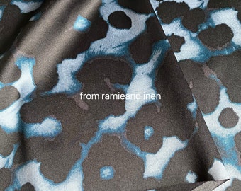 silk fabric, STRETCH Silk Charmeuse Fabric, 30m/m heavy mulberry silk, black grey jaguar spots on blue, half yard by 42" wide