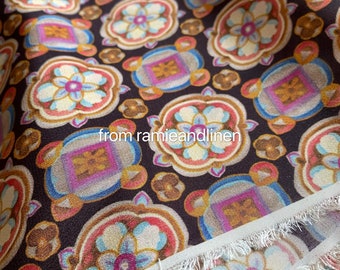 May include: A close-up of a brown fabric with a repeating pattern of colorful geometric shapes. The fabric has a fringed edge and the text "from ramieandlinen" is visible in the center of the image.