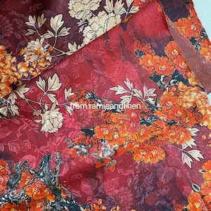 silk fabric, digital print, traditional Chinese flamme color flowers print, jacquard gambiered Canton silk, MUD SILK, half yard by 45&quot; wide