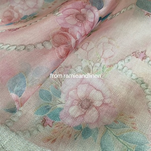 silk fabric, HALF YARD by 55&quot; wide, digital print, pink flowers and pearl necklace print, silk organza fabric