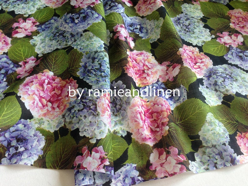 silk fabric digital printed hydrangea floral silk cotton blend fabric half yard by 52 wide