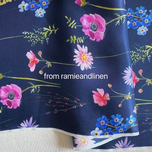 silk fabric, digital print flowers on dark blue print silk twill fabric, half yard by 54&quot; wide