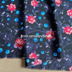 Silk fabric, digital print, red and blue flowers on dark blue print, silk crepe de chine fabric, half yard by 54&quot; wide