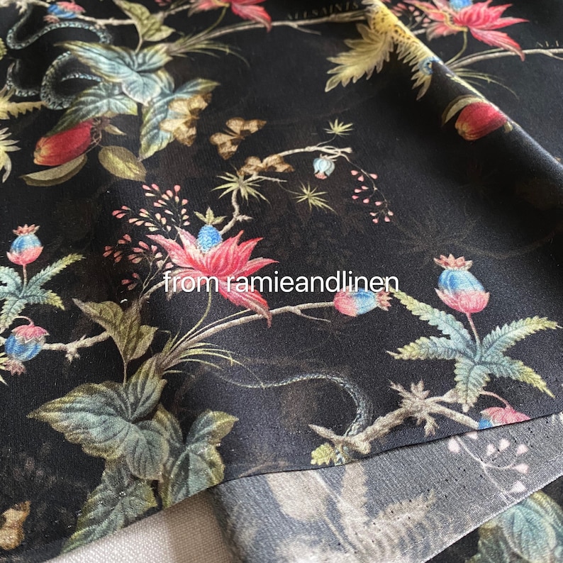 silk fabric, silk cotton/viscose blend charmeuse, garden elements print silk fabric, very smooth and soft, drape well, half yard by 53" wide image 6