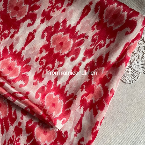 silk fabric, red ikat pattern print, silk chiffon fabric, half yard by 53" wide