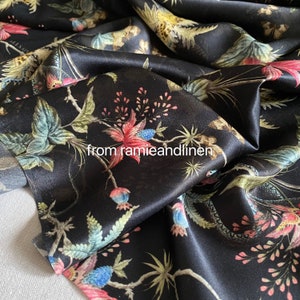 silk fabric, silk cotton/viscose blend charmeuse, garden elements print silk fabric, very smooth and soft, drape well, half yard by 53" wide image 2