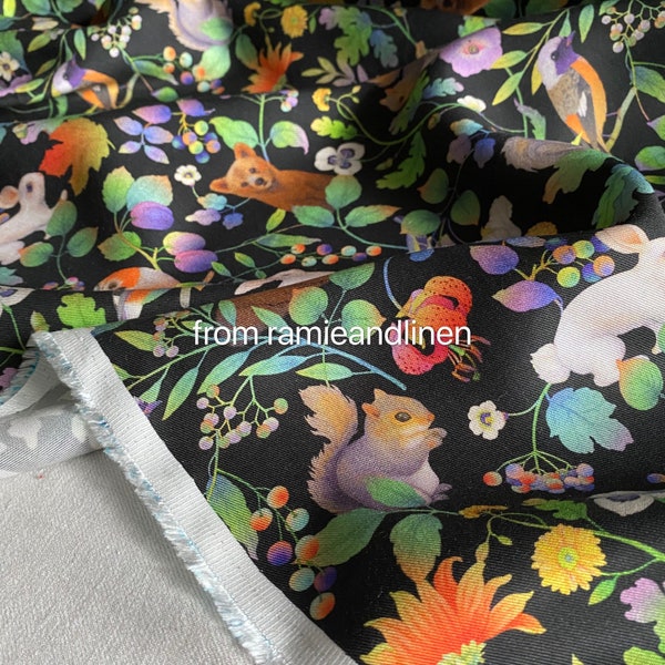 Rayon fabric, digital print, little lovely animals print, very soft and drape well, half yard by 60" wide,very wide