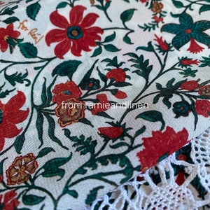 Silk fabric,  vintage style red flowers and green leaves print, silk crepe de chine fabric, half yard by 53&quot; wide