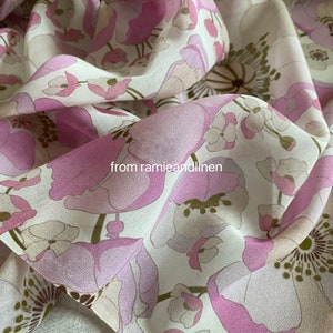 Silk fabric, pink flowers print, silk cotton blend fabric,  half yard by 55&quot; wide