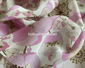 Silk fabric, pink flowers print, silk cotton blend fabric,  half yard by 55" wide