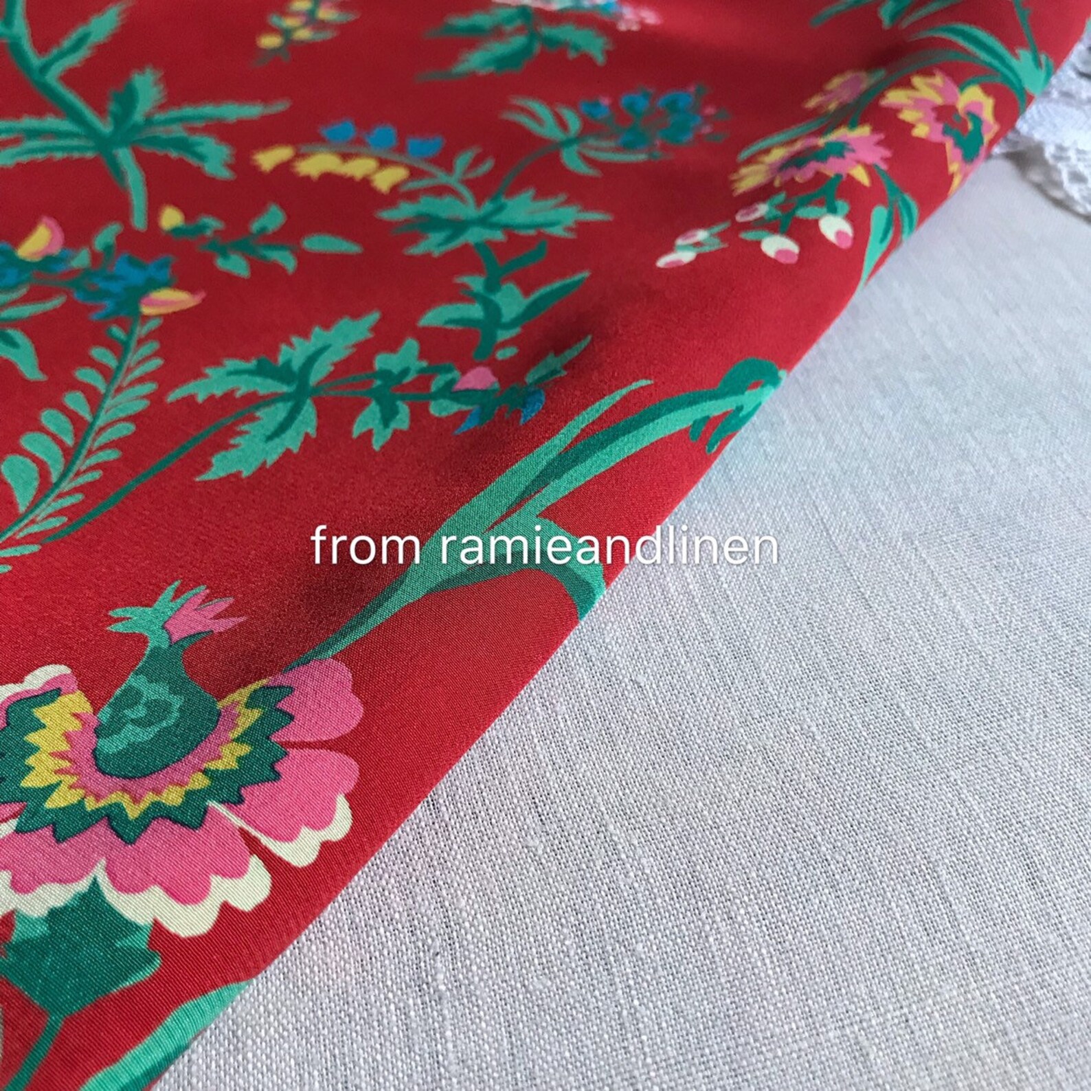 Silk Fabric Green Leaves and Floral on Red Background Silk Etsy