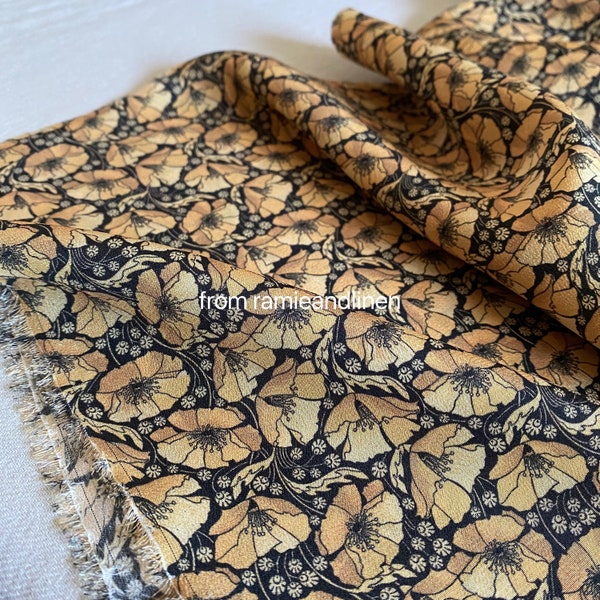 Silk fabric, vintage style yellow flowers print, silk crepe de chine fabric, half yard by 54" wide