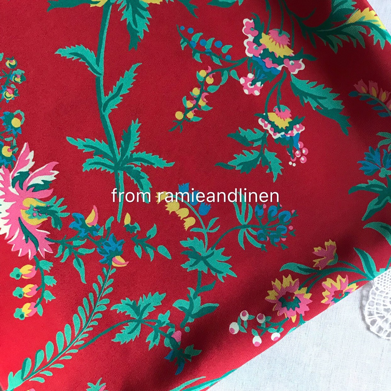 Silk Fabric Green Leaves and Floral on Red Background Silk Etsy