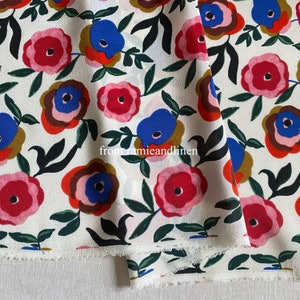 Silk fabric, HALF YARD by 54&quot; wide, hand-drawing colorful flowers pattern print, silk crepe de chine fabric